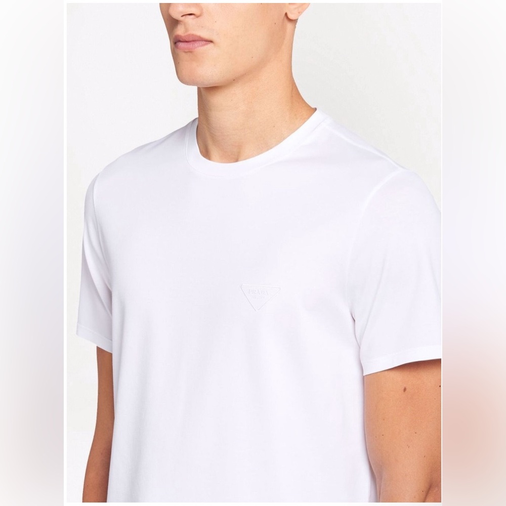 NWT Prada Men’s White Triangle Embroidered Logo Stretch Cotton Shirt Size L